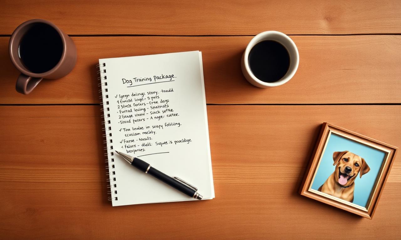 Notebook with handwritten dog training package comparison on a wooden desk in soft natural light