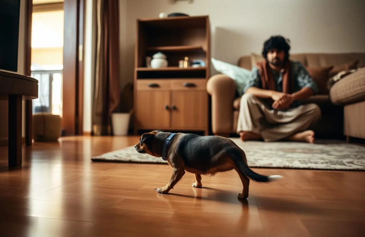 Newly adopted Indie dog cautiously exploring a Bengaluru apartment living room