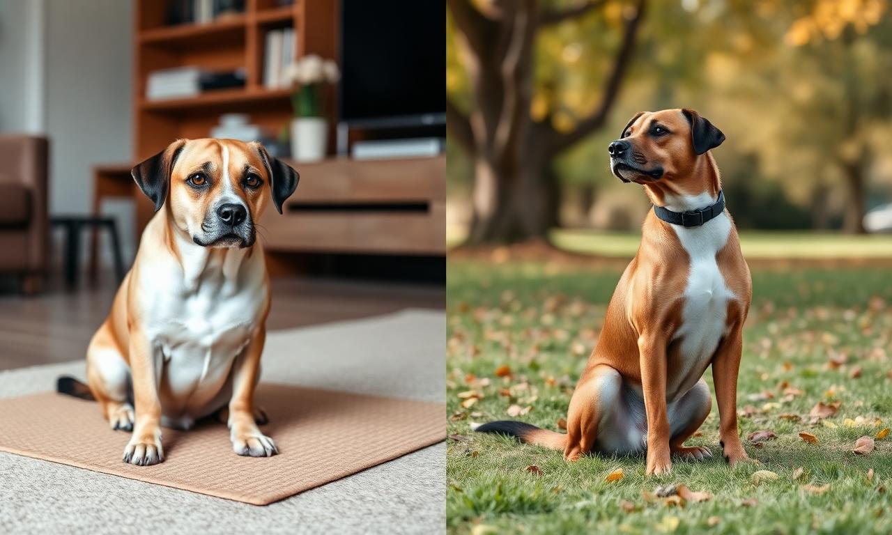 Side by side photo of a dog calmly settled on a mat indoors and the same dog doing a focused sit stay outdoors