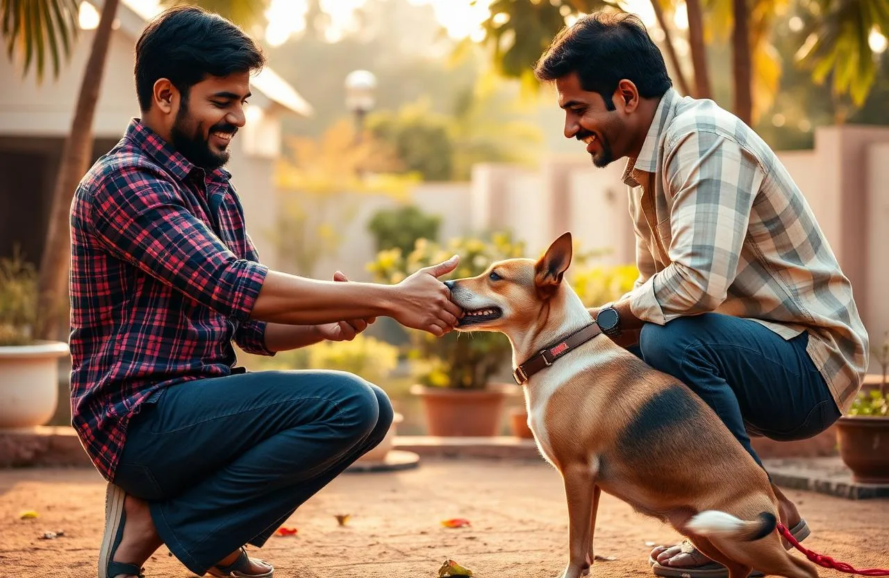 Bengaluru dog trainer greeting an Indie dog while owner watches, Paws of Persistence