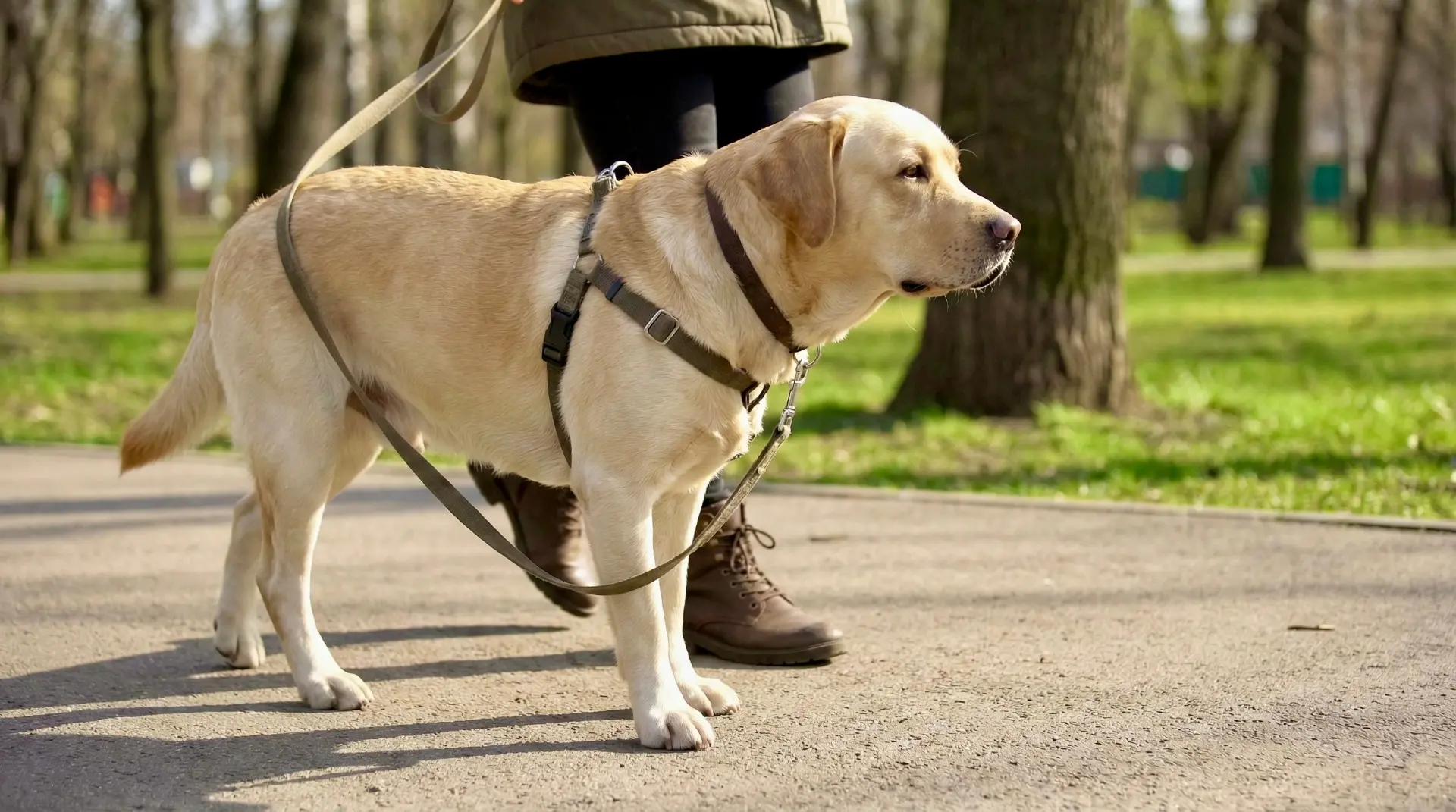 Leash training tips Bengaluru, dog walking calmly on a loose leash with owner