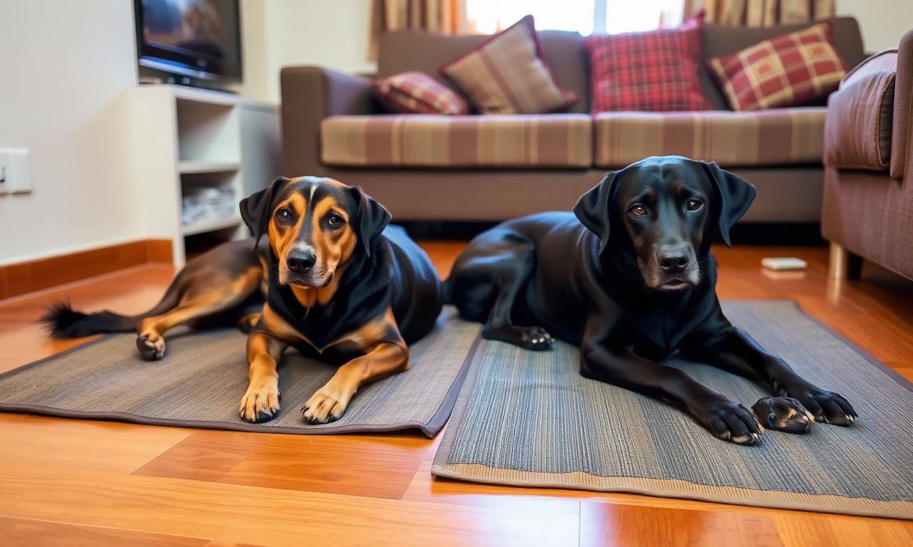 Two friendly dogs lying calmly on separate mats in a Bengaluru apartment living room