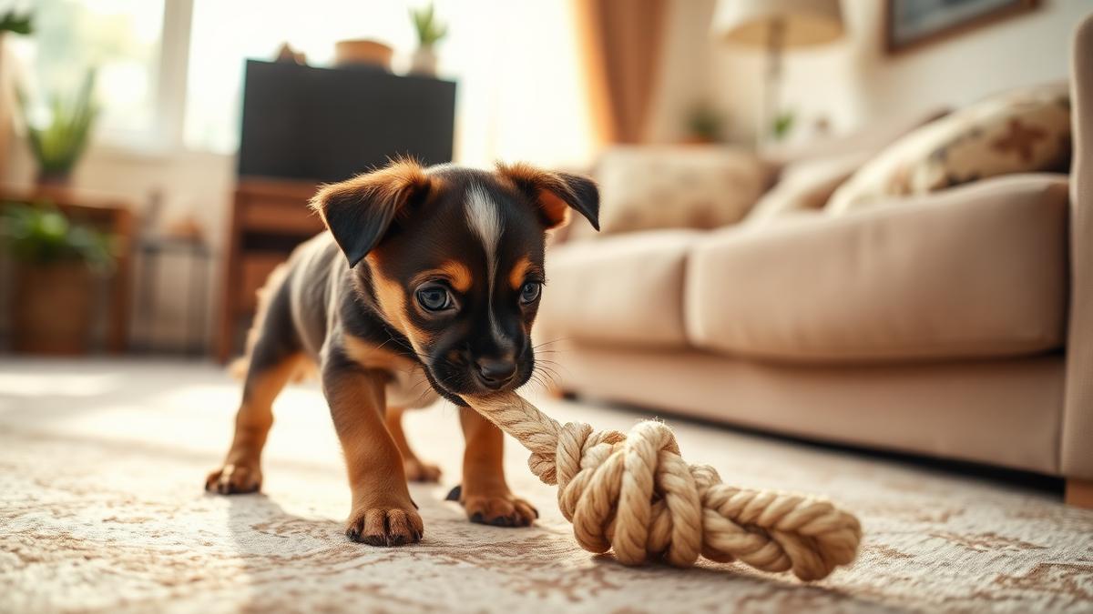 Small Indie puppy gently biting a rope toy in a Bengaluru living room, teaching bite inhibition