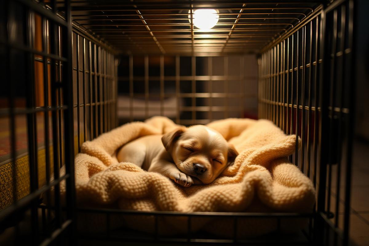 Puppy sleeping calmly in an open crate with a soft blanket at night in a Bengaluru home