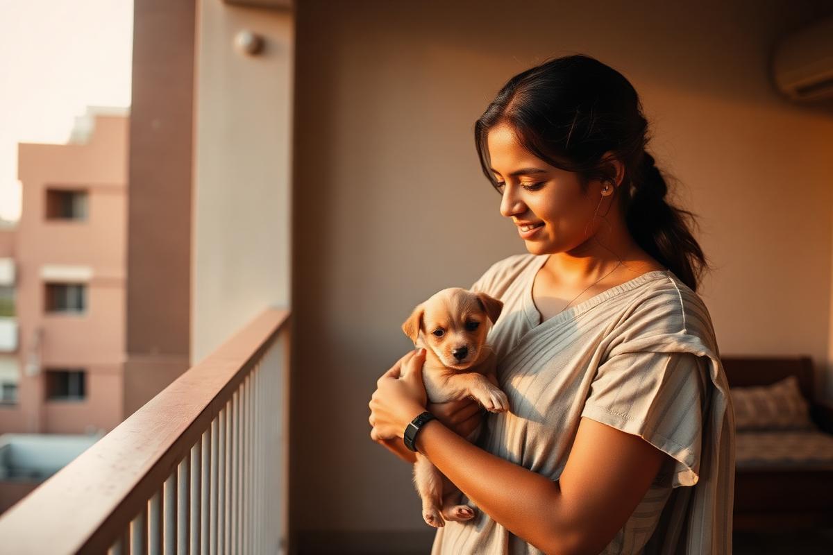 Bengaluru pet parent holding a young puppy on an apartment balcony during safe early socialisation