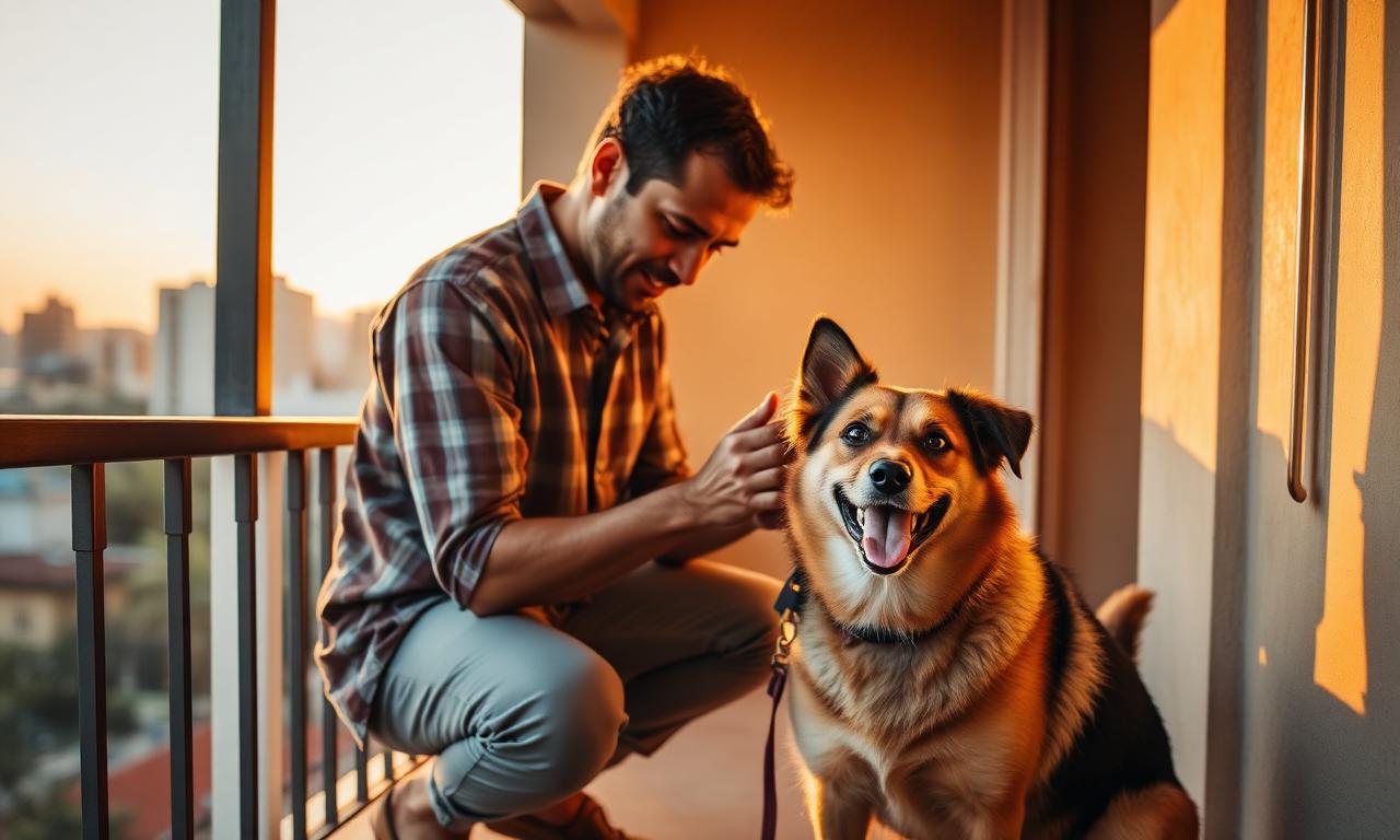 Bengaluru dog trainer working with a happy mixed-breed dog on an apartment balcony
