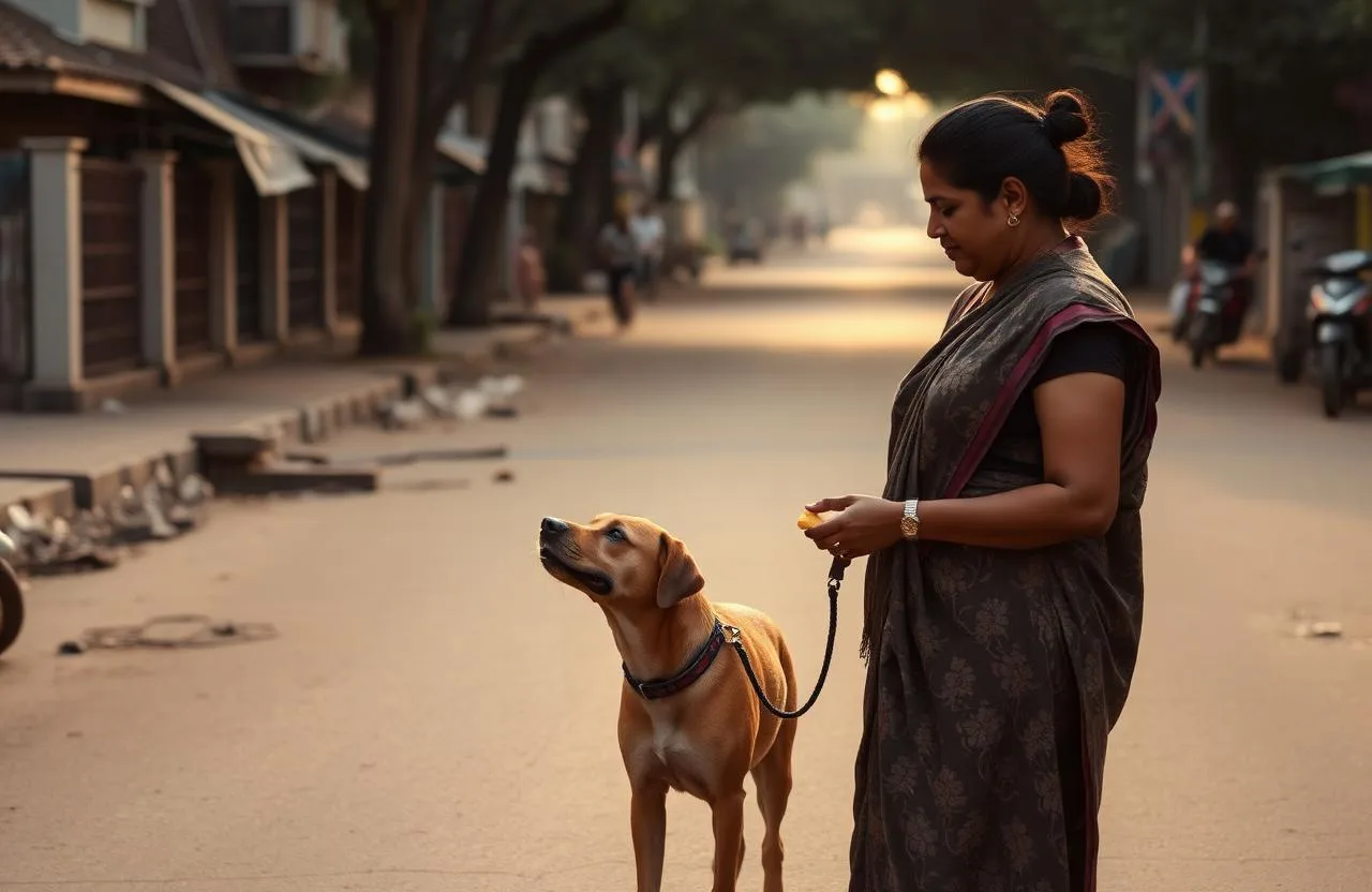 Bengaluru pet parent calmly walking a reactive dog past distractions on a quiet morning road