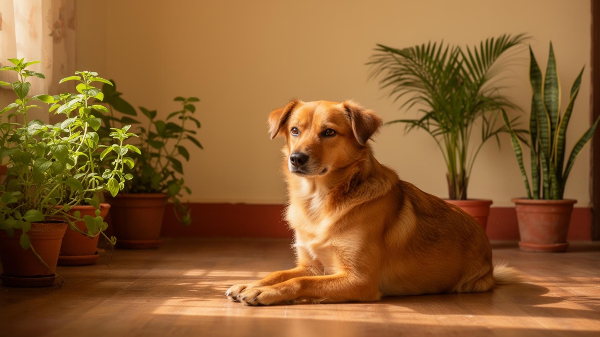 Toxic plants for dogs India, pet-safe houseplants Bengaluru, calm Indie dog in a sunlit apartment