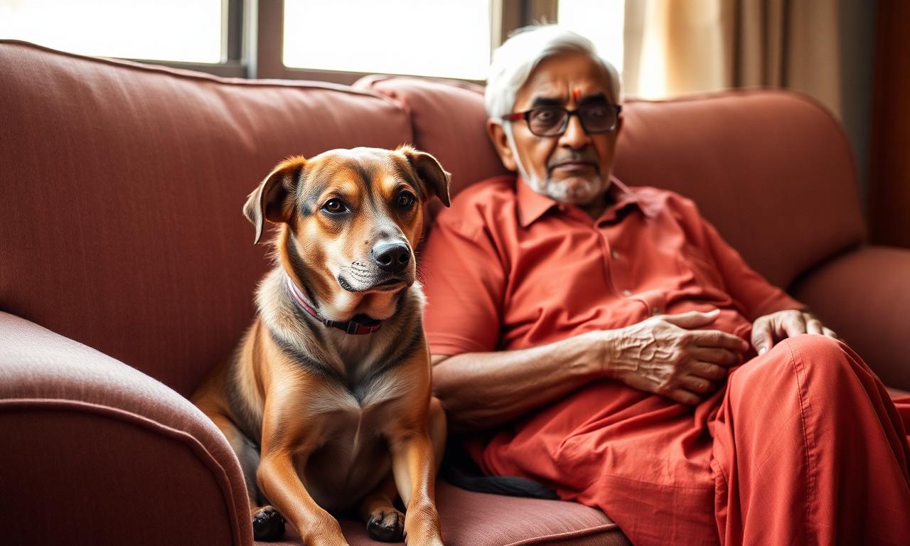 Calm senior Indie dog sitting peacefully with an older Bengaluru pet parent on a sofa