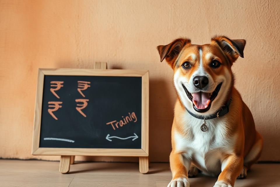 Puppy training cost in Bangalore, friendly puppy beside a chalkboard with rupee symbols