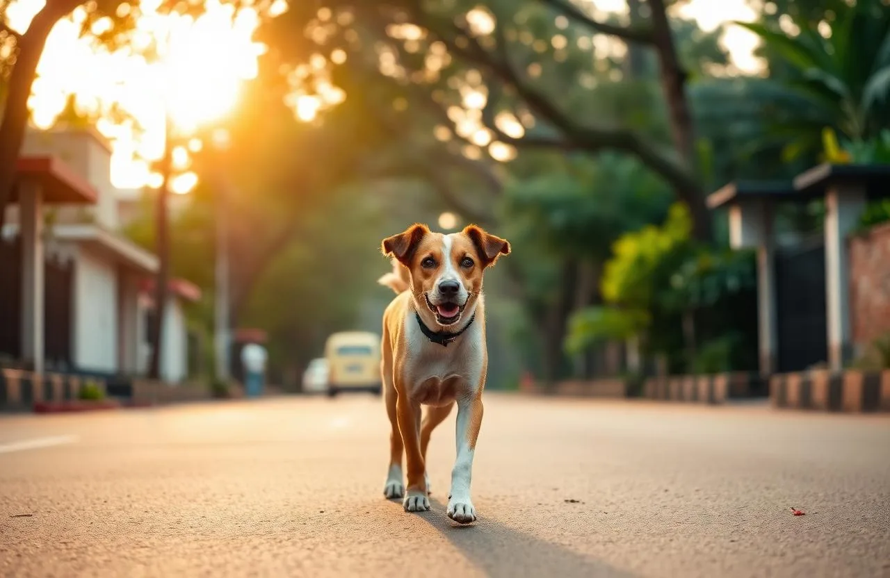 Confident adult Indie dog walking calmly on a quiet Bengaluru street at sunrise