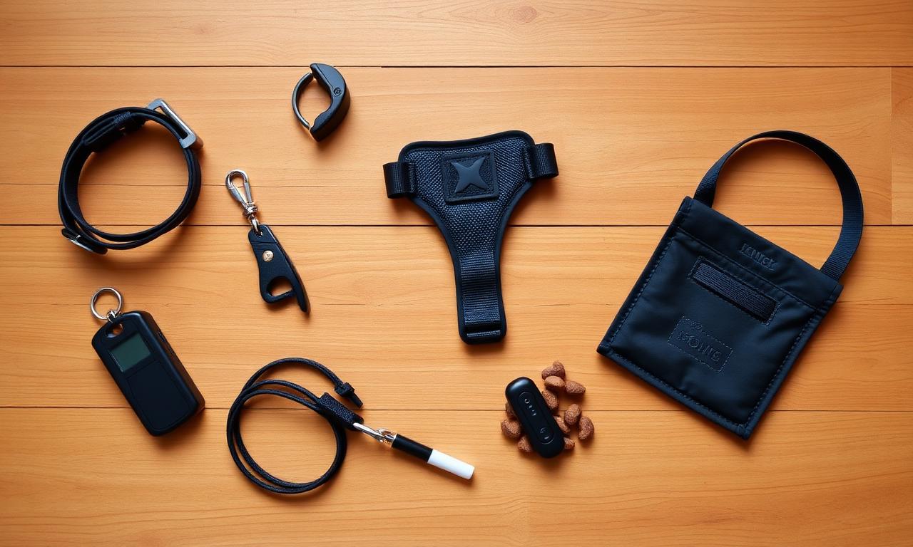 Flat lay of essential dog training tools, harness, long line, treat pouch, clicker on a wooden surface
