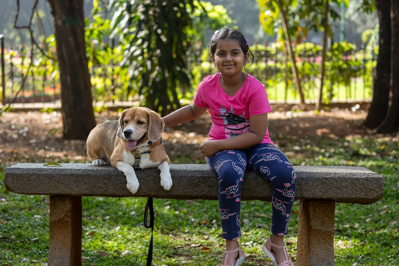 Pet photography session Bangalore, girl and dog on park bench